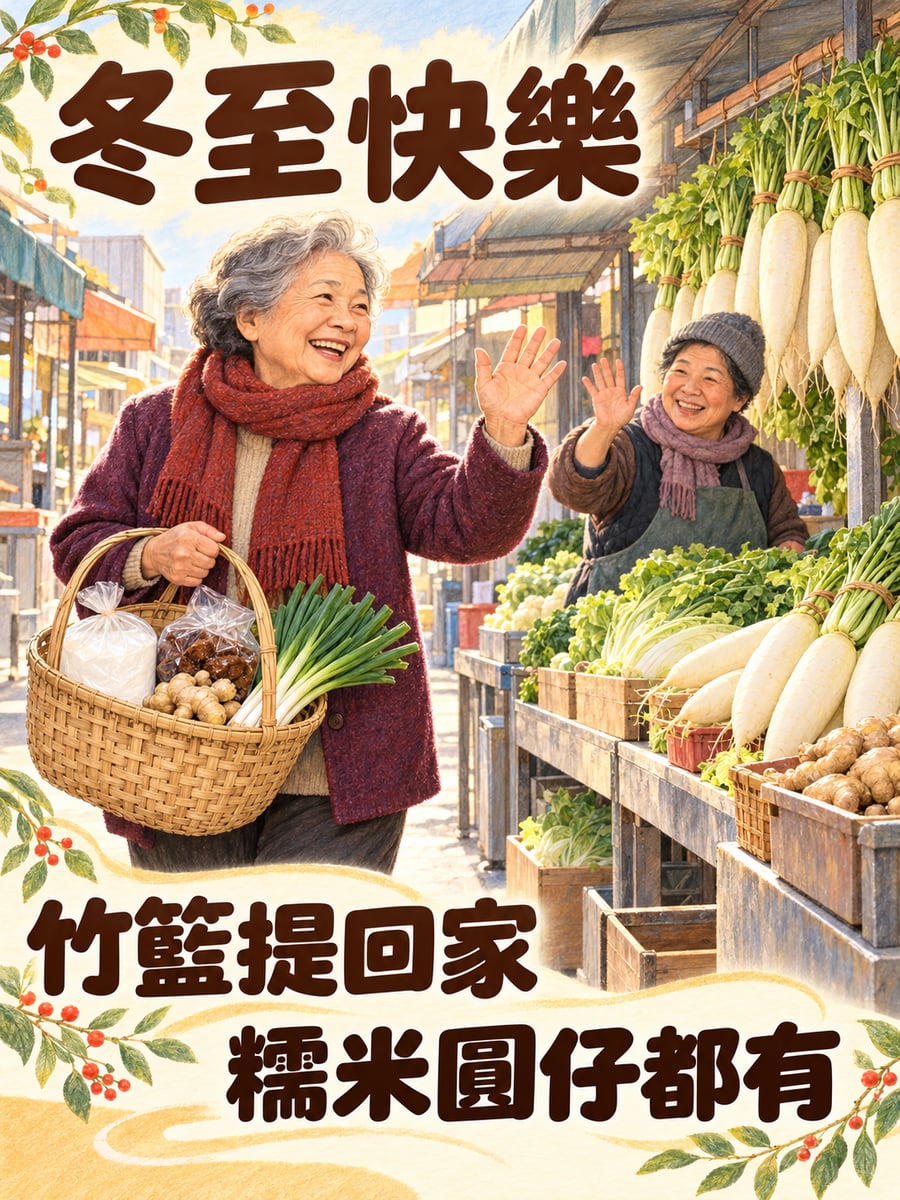 竹籃裡的糯米。圖中文字：冬至快樂，竹籃提回家，糯米圓仔都有