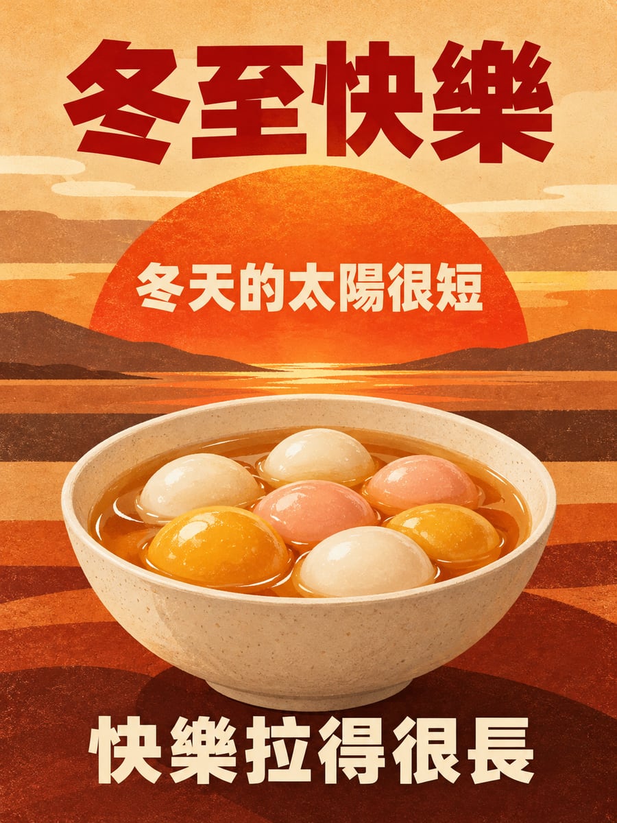 復古海報的太陽碗。圖中文字：冬至快樂，冬天的太陽很短，快樂拉得很長