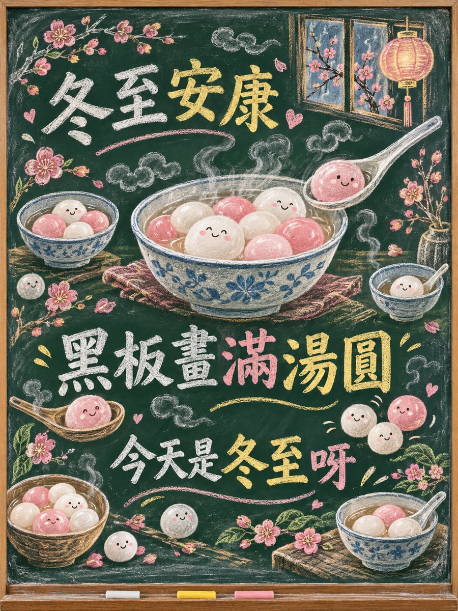 黑板上的塗鴉。圖中文字：冬至安康，黑板畫滿湯圓，今天是冬至呀