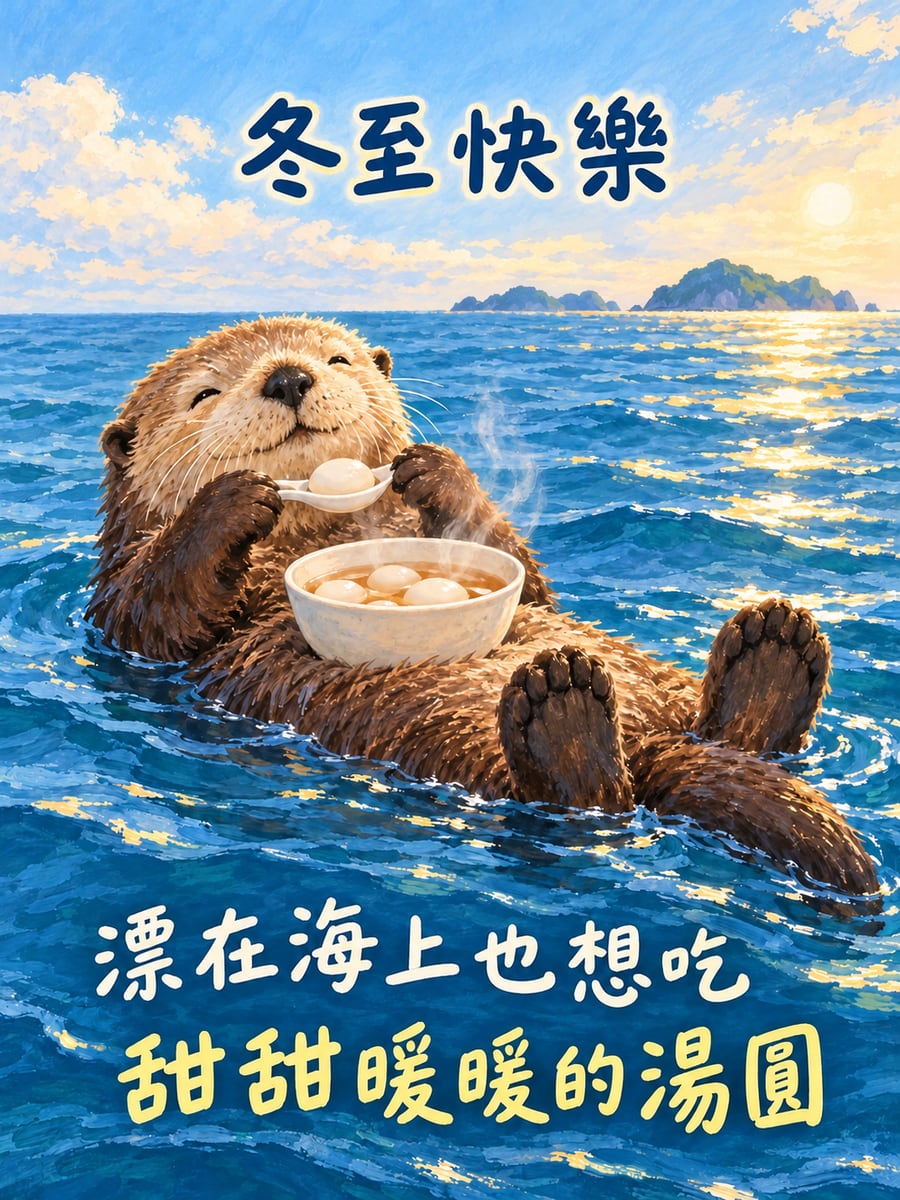 海獺的湯圓碗。圖中文字：冬至快樂，漂在海上也想吃，甜甜暖暖的湯圓