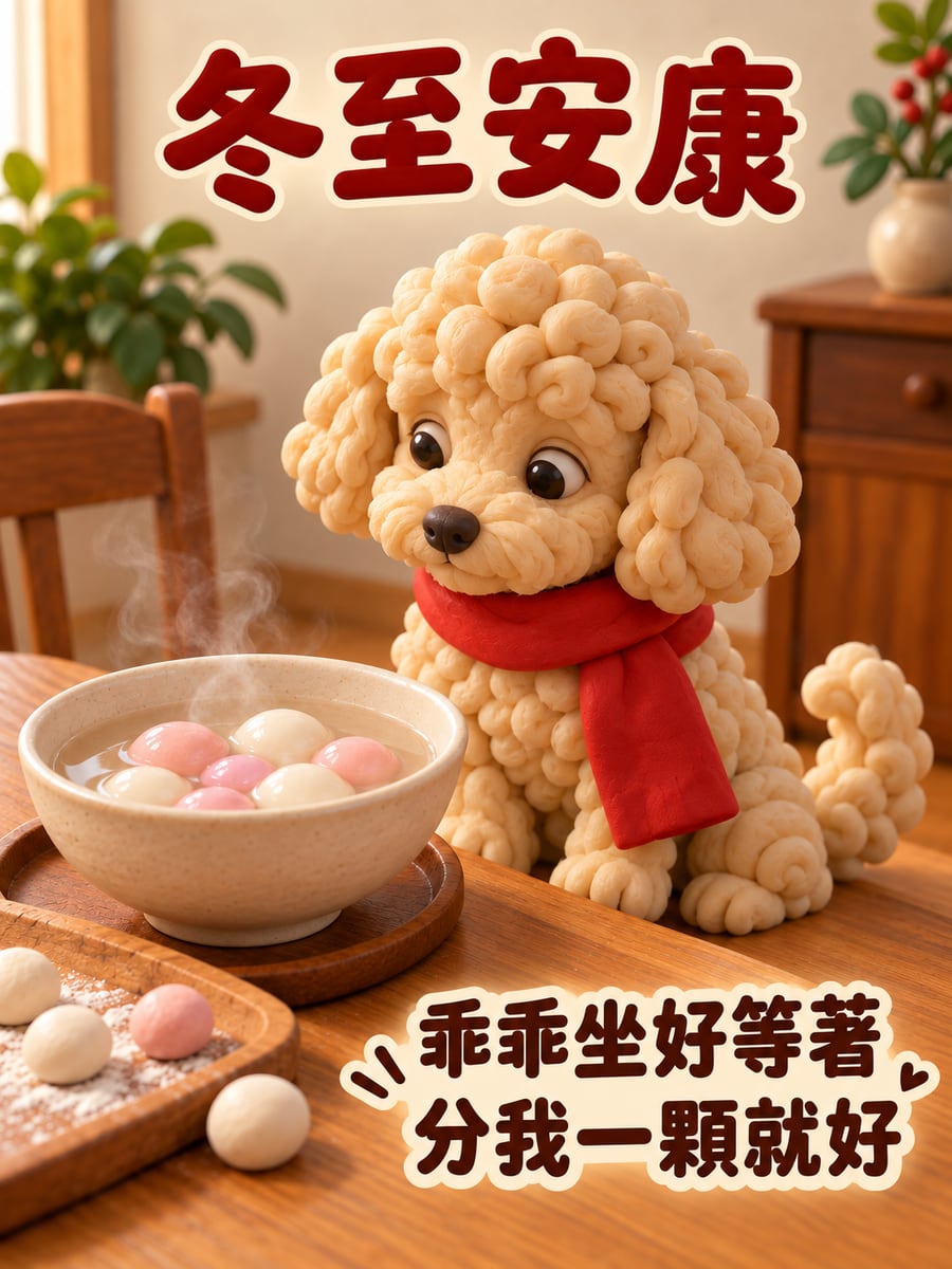 捲毛貴賓守著碗。圖中文字：冬至安康，乖乖坐好等著，分我一顆就好
