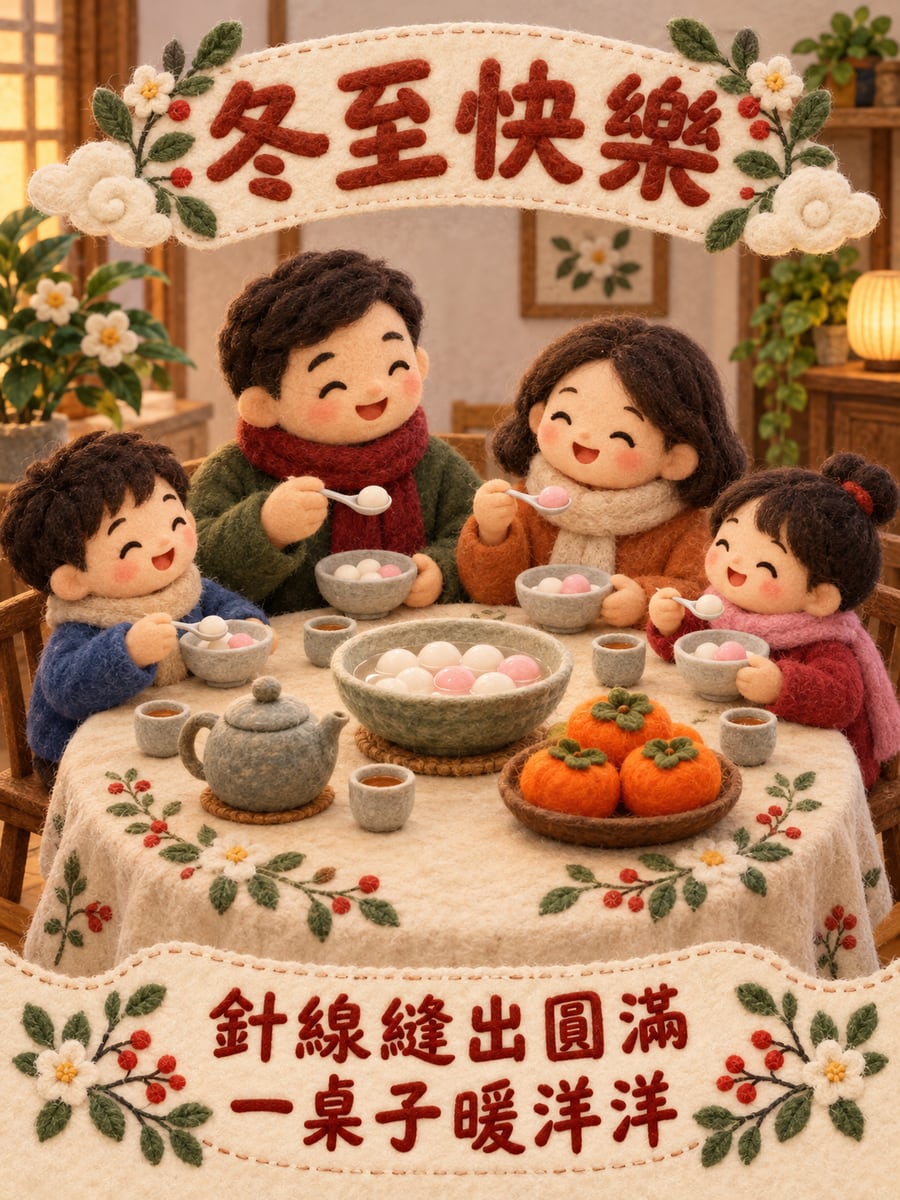 毛氈的團圓桌。圖中文字：冬至快樂，針線縫出圓滿，一桌子暖洋洋