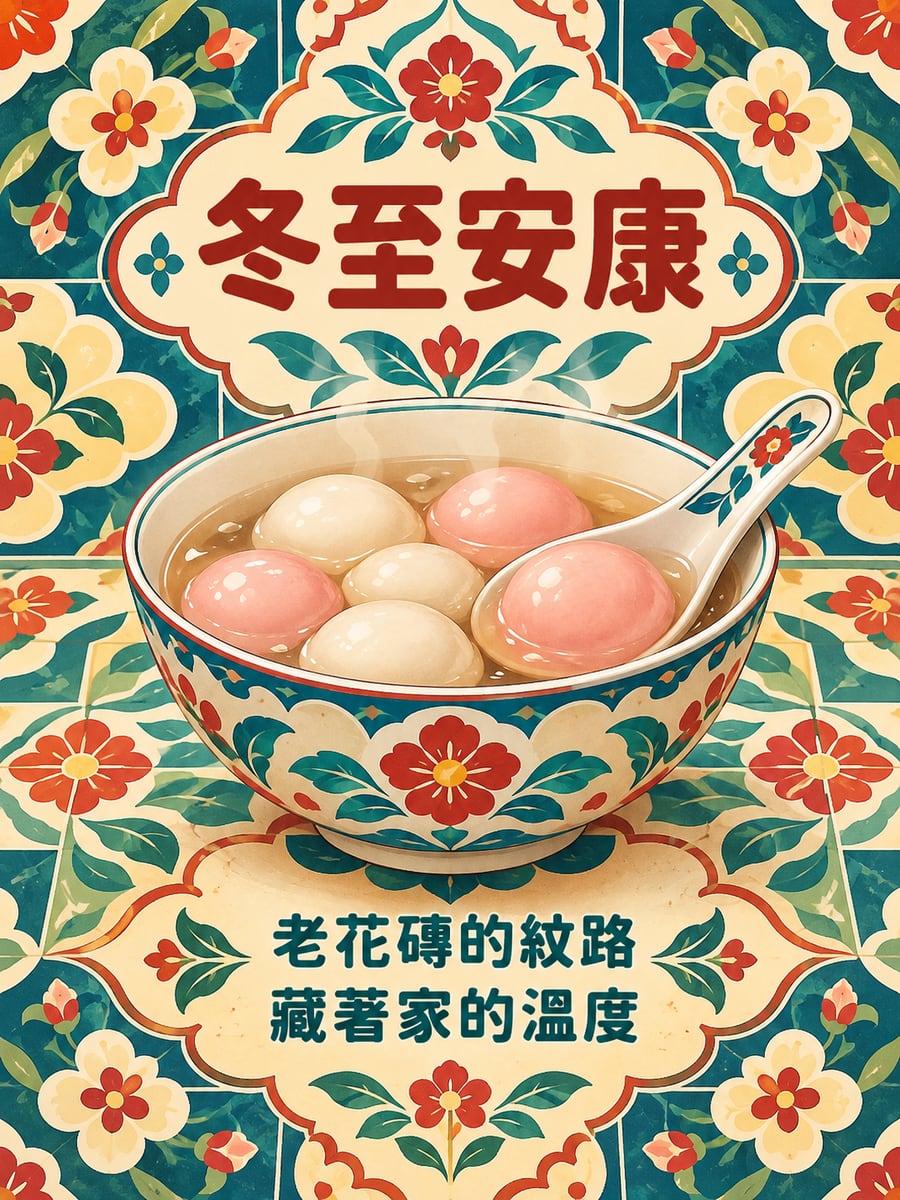 花磚裡的暖碗。圖中文字：冬至安康，老花磚的紋路，藏著家的溫度