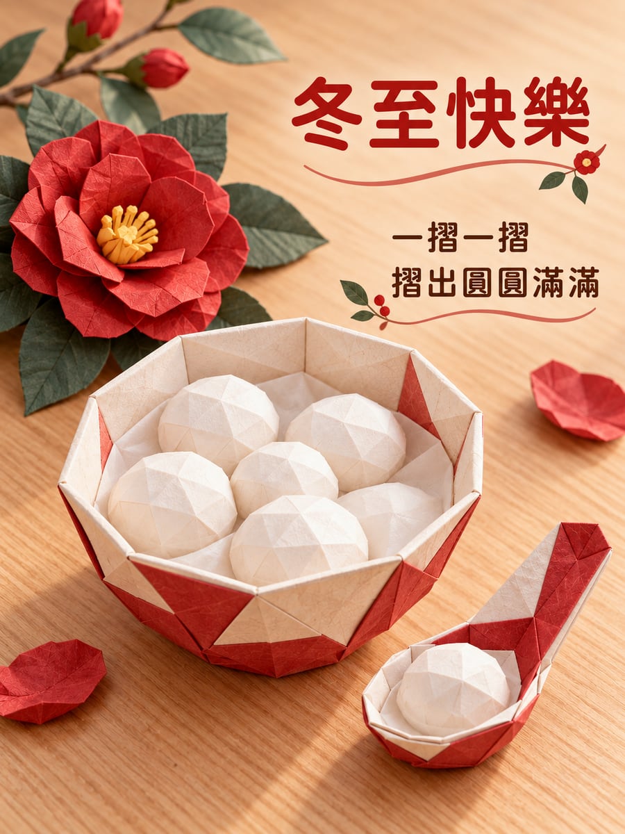 摺紙的湯圓碗。圖中文字：冬至快樂，一摺一摺，摺出圓圓滿滿