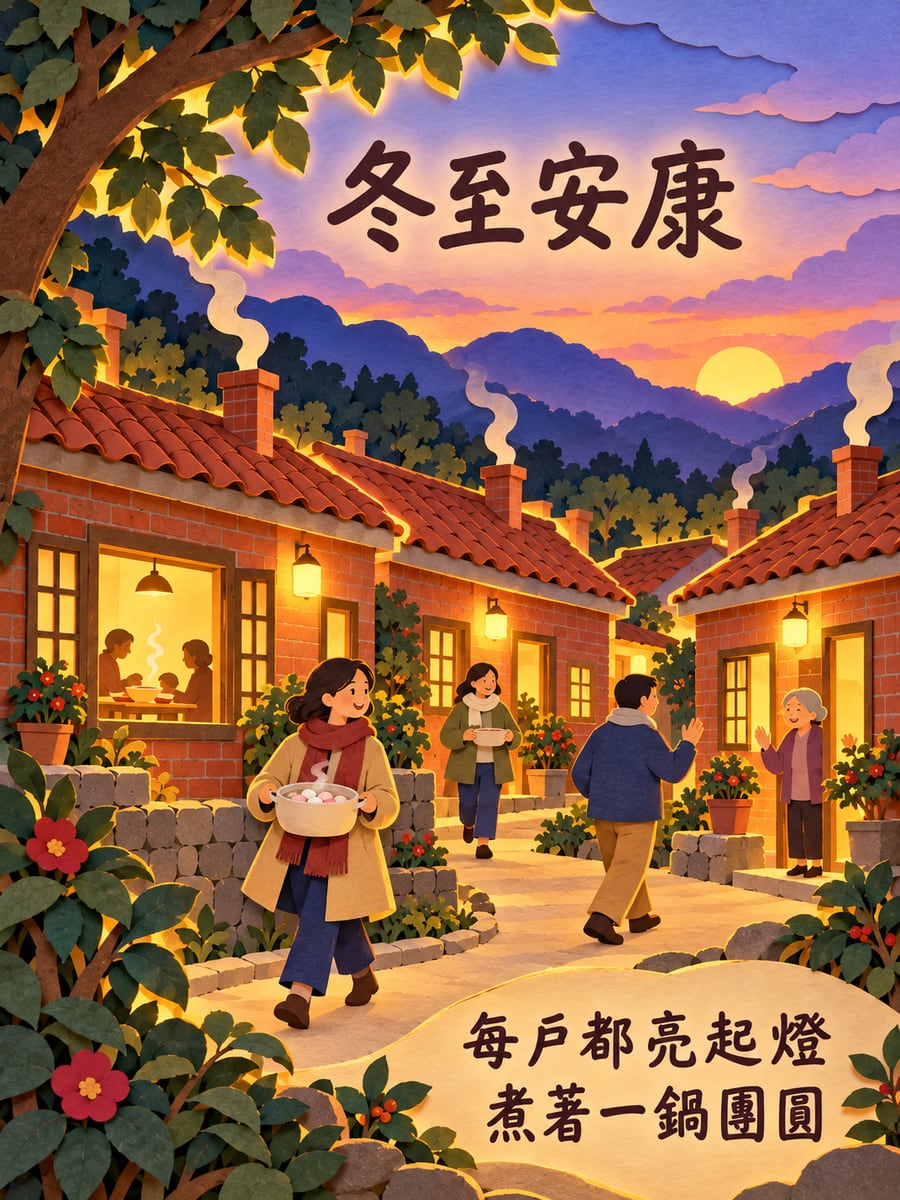 紙雕燈箱的小村。圖中文字：冬至安康，每戶都亮起燈，煮著一鍋團圓
