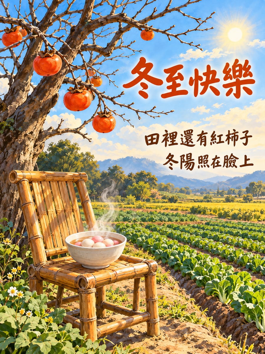 水粉的冬日田野。圖中文字：冬至快樂，田裡還有紅柿子，冬陽照在臉上