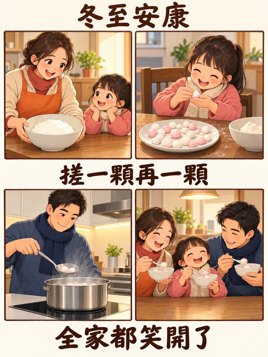 分格漫畫搓湯圓。圖中文字：冬至安康，搓一顆再一顆，全家都笑開了
