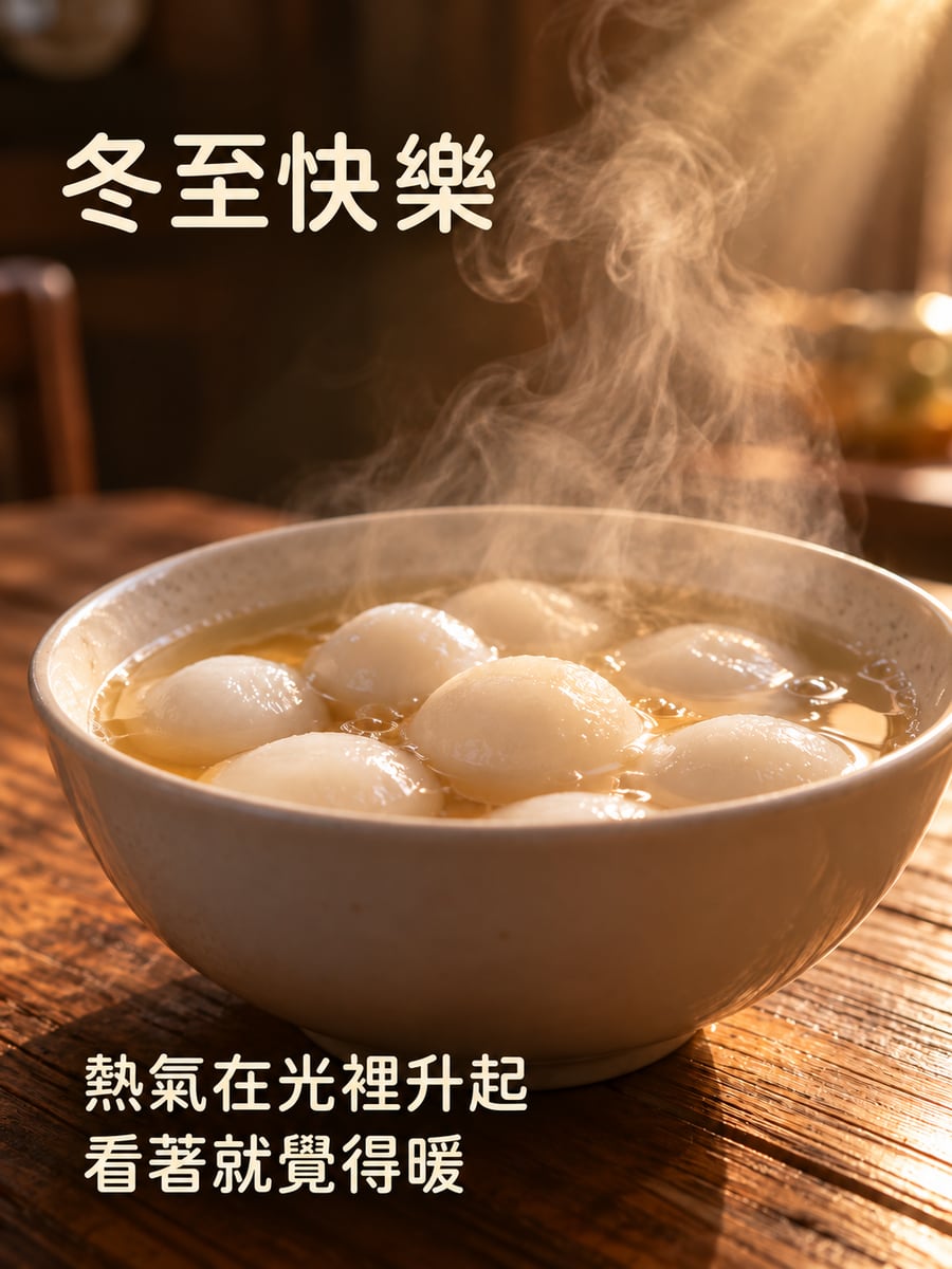 光束裡的熱氣。圖中文字：冬至快樂，熱氣在光裡升起，看著就覺得暖
