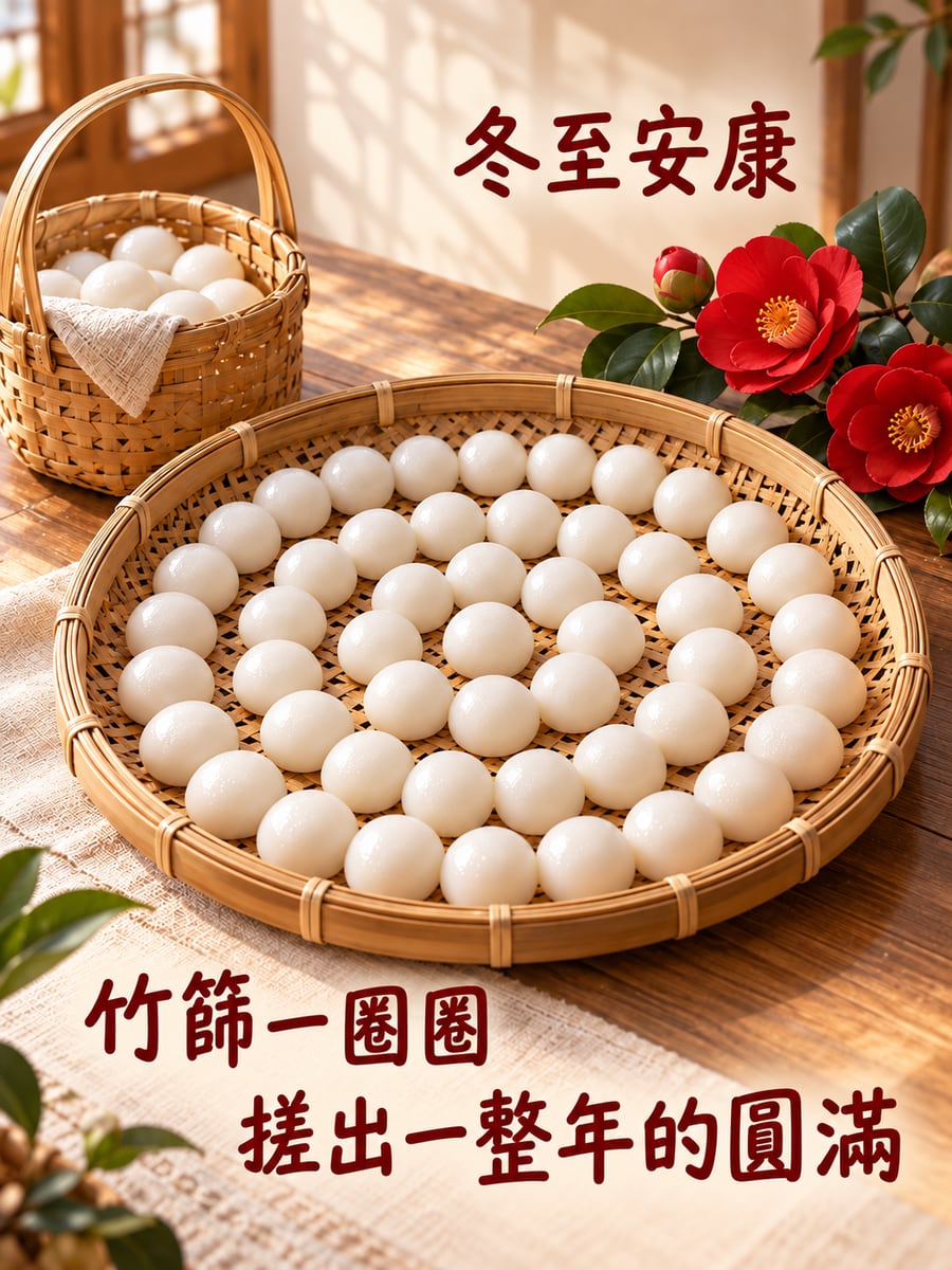 竹編盤上的湯圓。圖中文字：冬至安康，竹篩一圈圈，搓出一整年的圓滿
