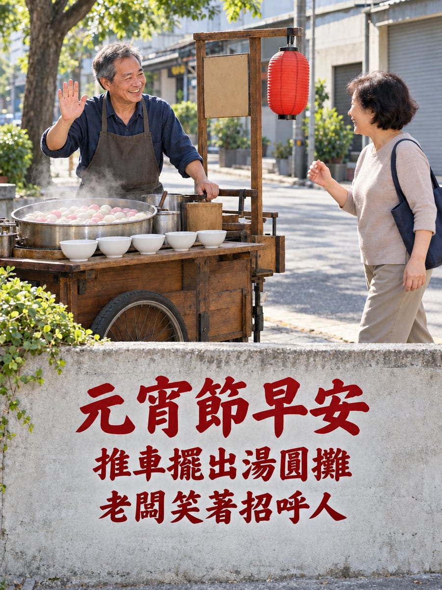推車擺出的湯圓攤。圖中文字：元宵節早安，推車擺出湯圓攤，老闆笑著招呼人