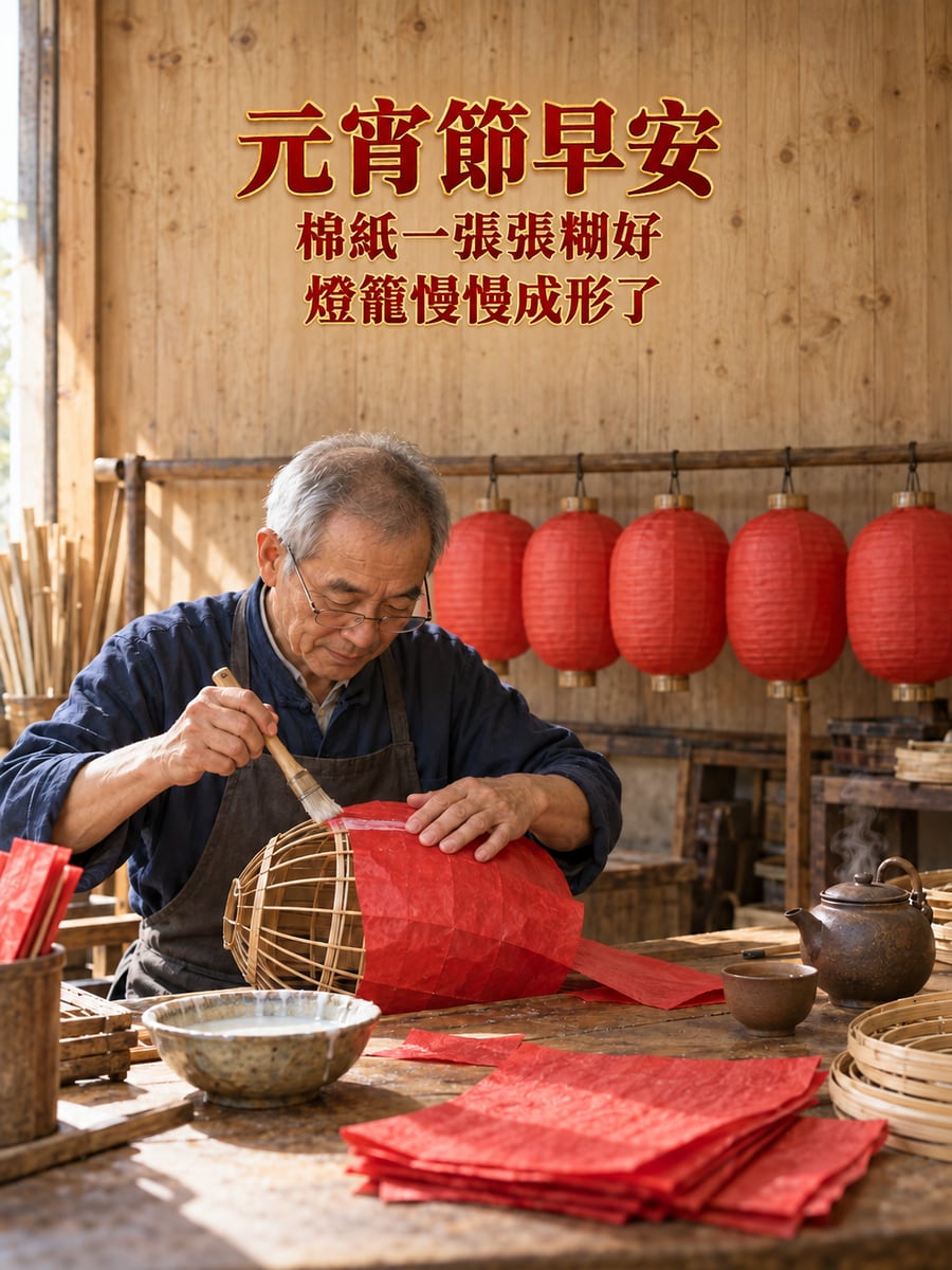 工坊裡糊棉紙的師傅。圖中文字：元宵節早安，棉紙一張張糊好，燈籠慢慢成形了