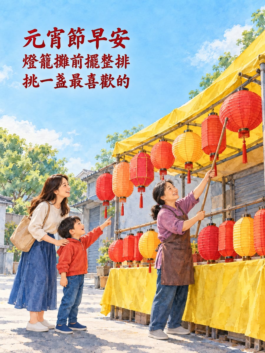 路邊整排等著賣出的燈籠。圖中文字：元宵節早安，燈籠攤前擺整排，挑一盞最喜歡的