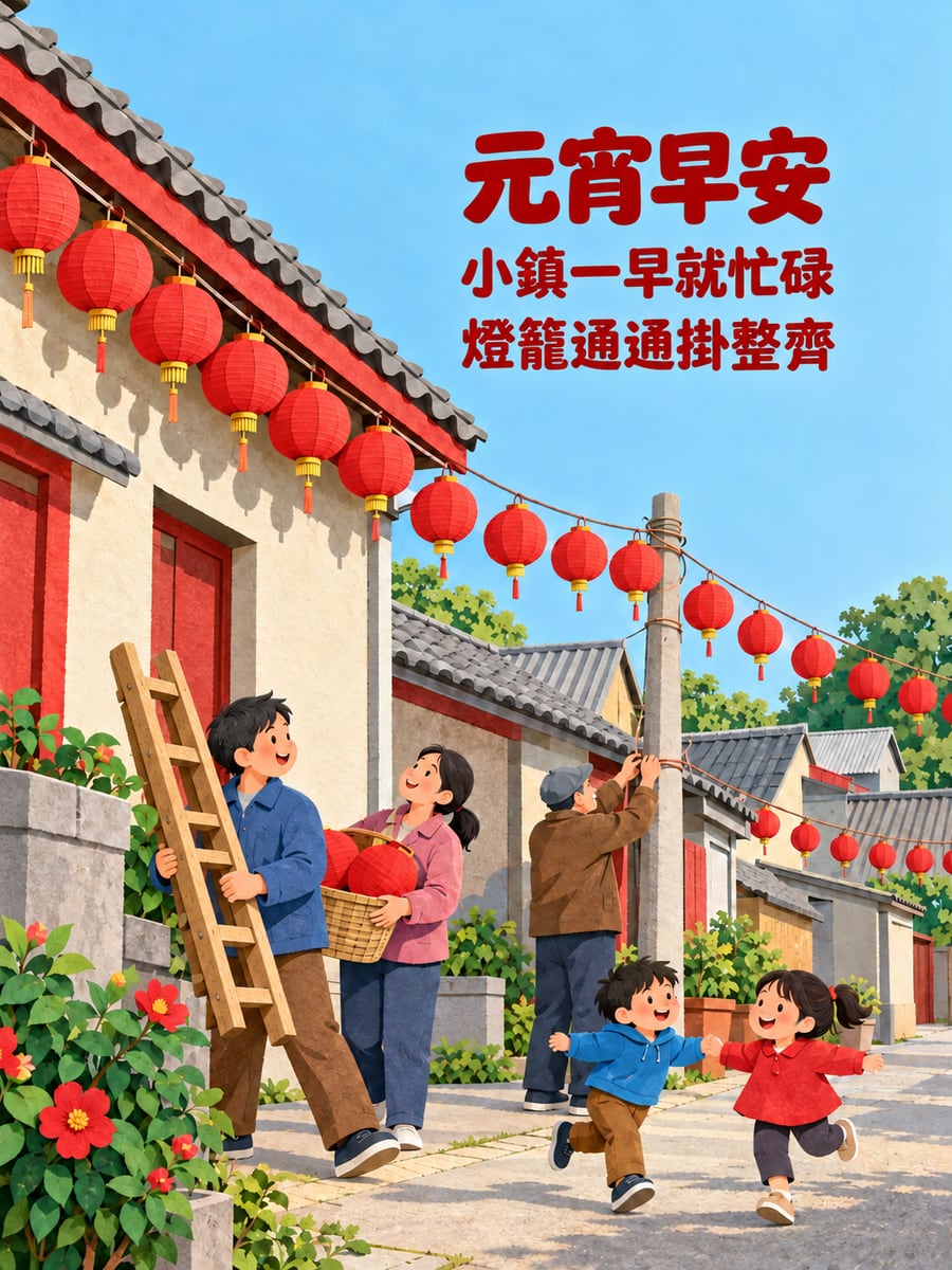 紙雕小鎮一早就掛好燈籠。圖中文字：元宵早安，小鎮一早就忙碌，燈籠通通掛整齊