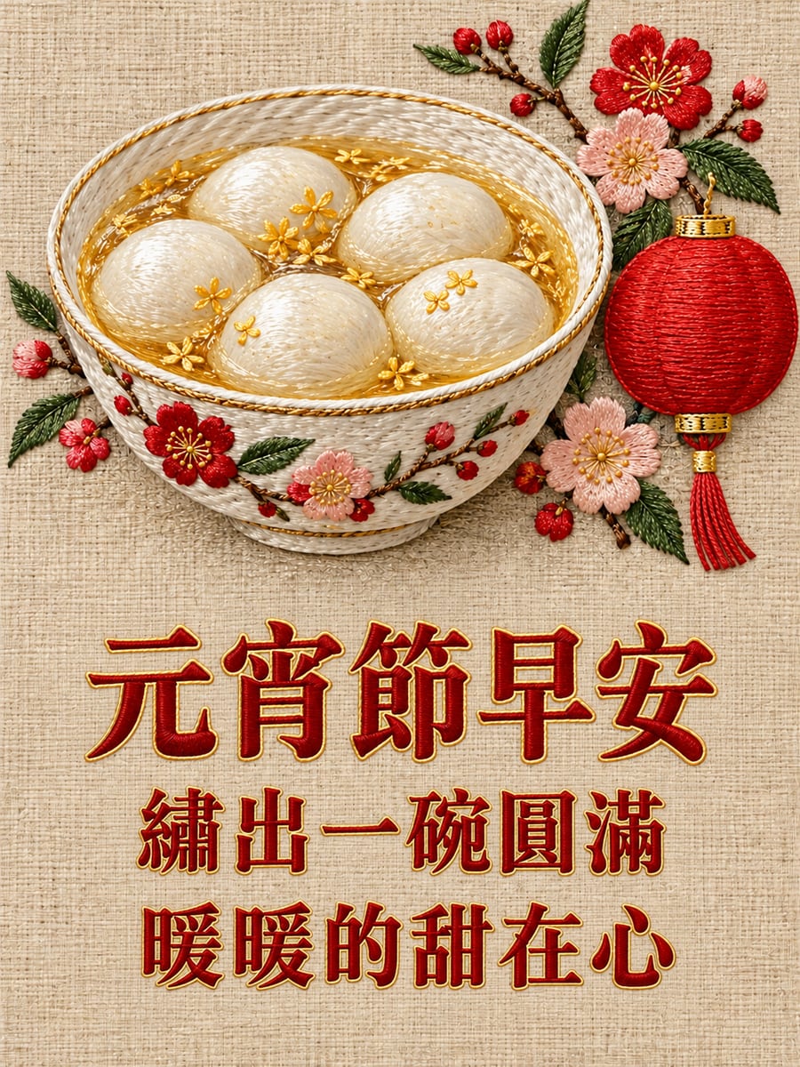 刺繡繡出的一碗圓滿。圖中文字：元宵節早安，繡出一碗圓滿，暖暖的甜在心