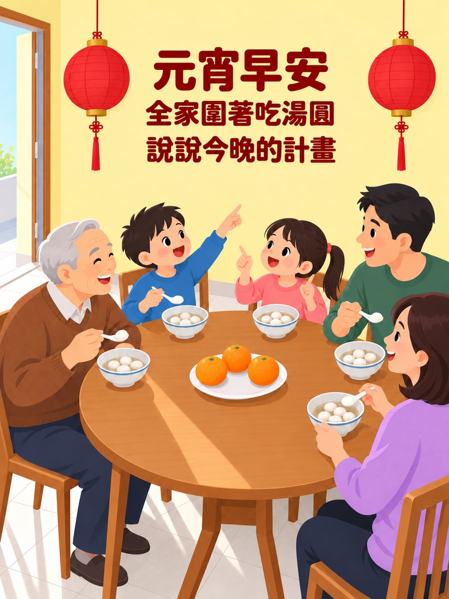 全家圍著吃湯圓。圖中文字：元宵早安，全家圍著吃湯圓，說說今晚的計畫