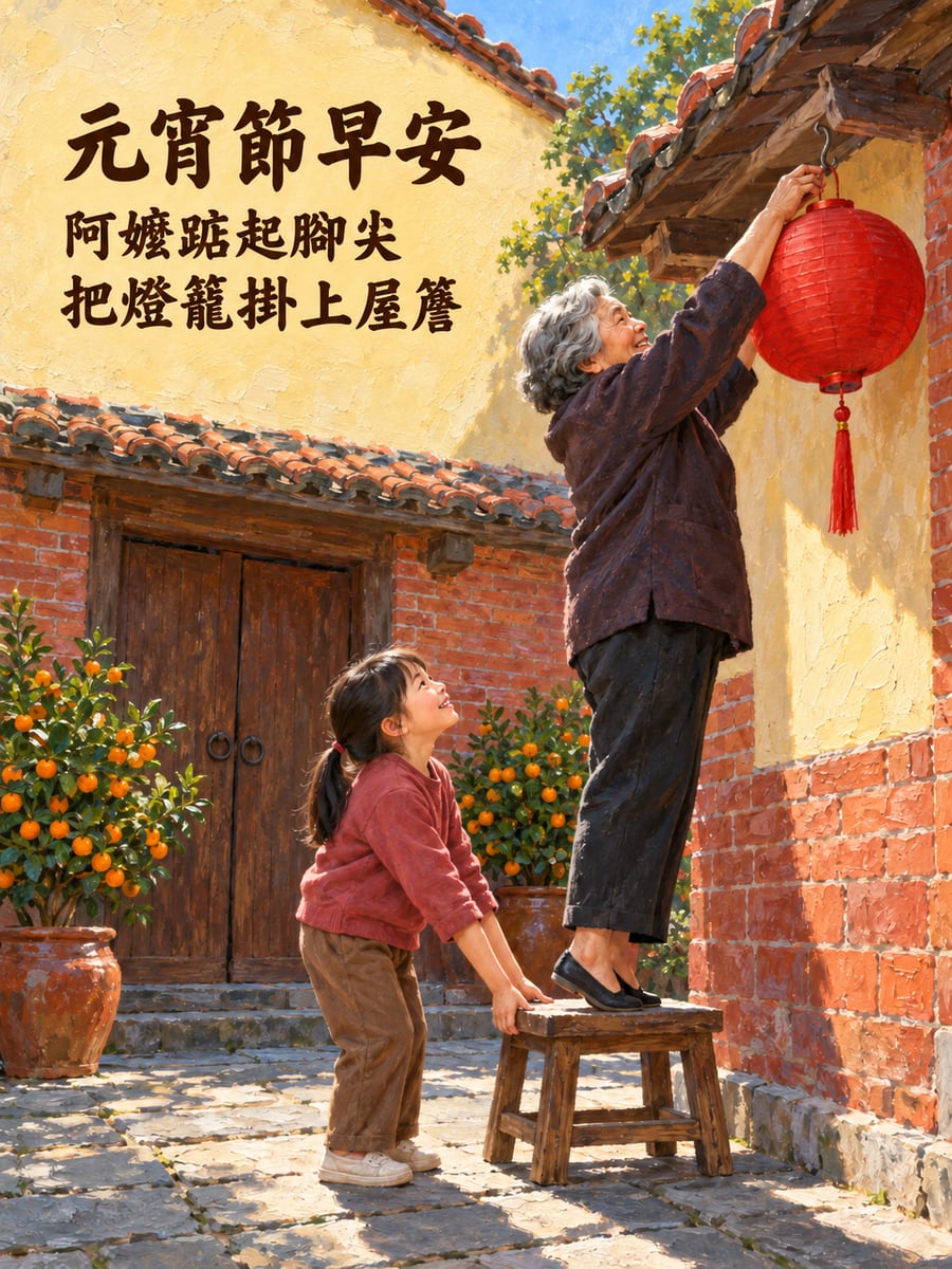 阿嬤踮腳把燈籠掛上屋簷。圖中文字：元宵節早安，阿嬤踮起腳尖，把燈籠掛上屋簷