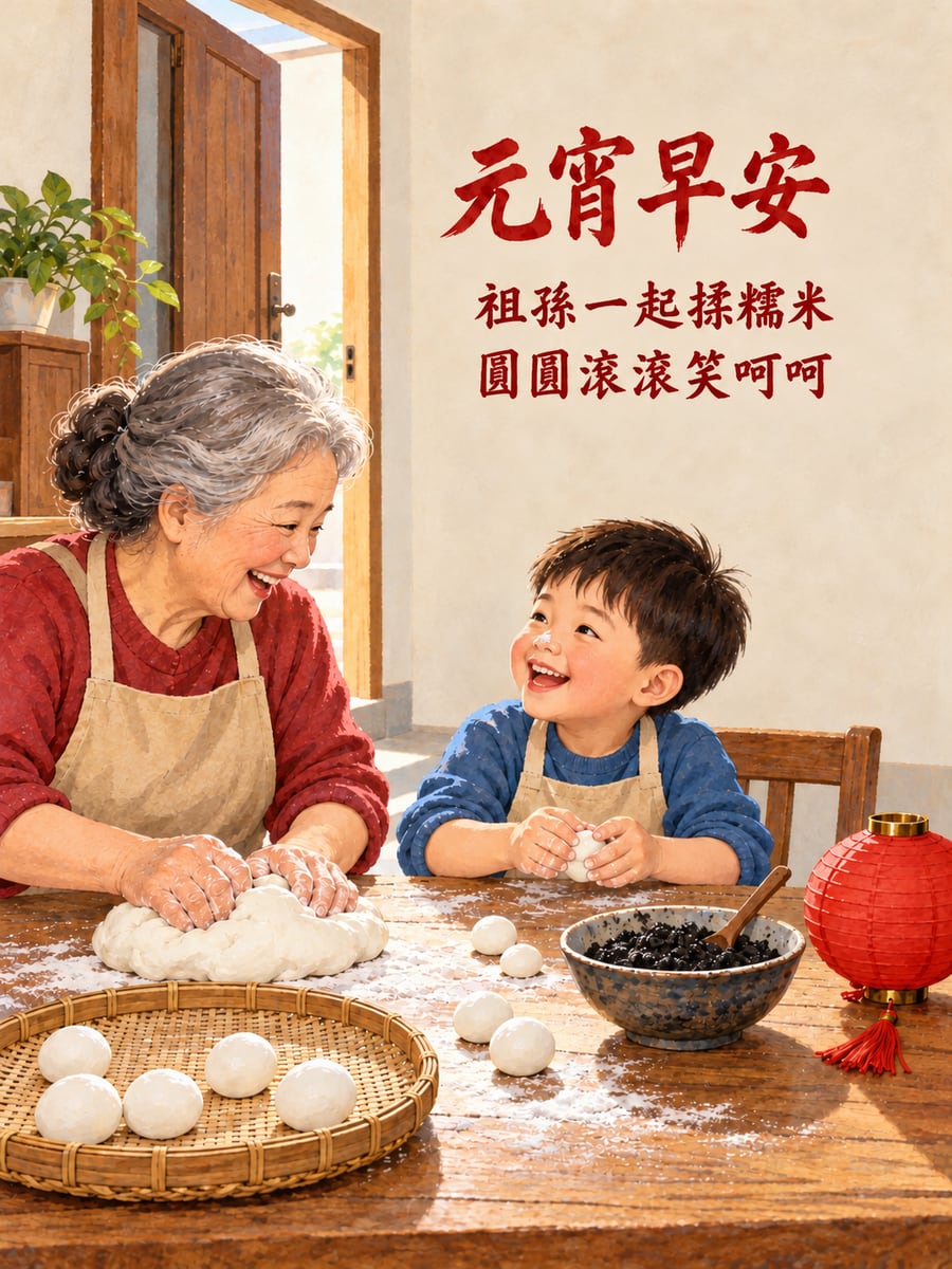 祖孫一起揉糯米糰。圖中文字：元宵早安，祖孫一起揉糯米，圓圓滾滾笑呵呵