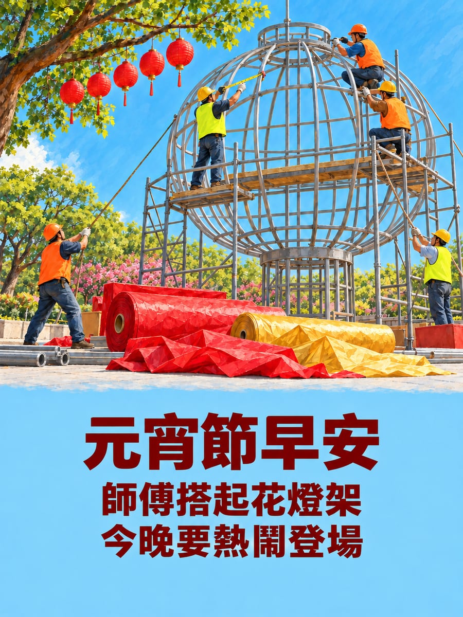 師傅在廣場搭起花燈架。圖中文字：元宵節早安，師傅搭起花燈架，今晚要熱鬧登場