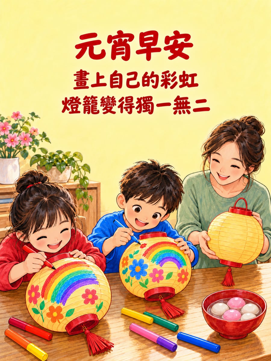 孩子用彩色筆畫燈籠。圖中文字：元宵早安，畫上自己的彩虹，燈籠變得獨一無二