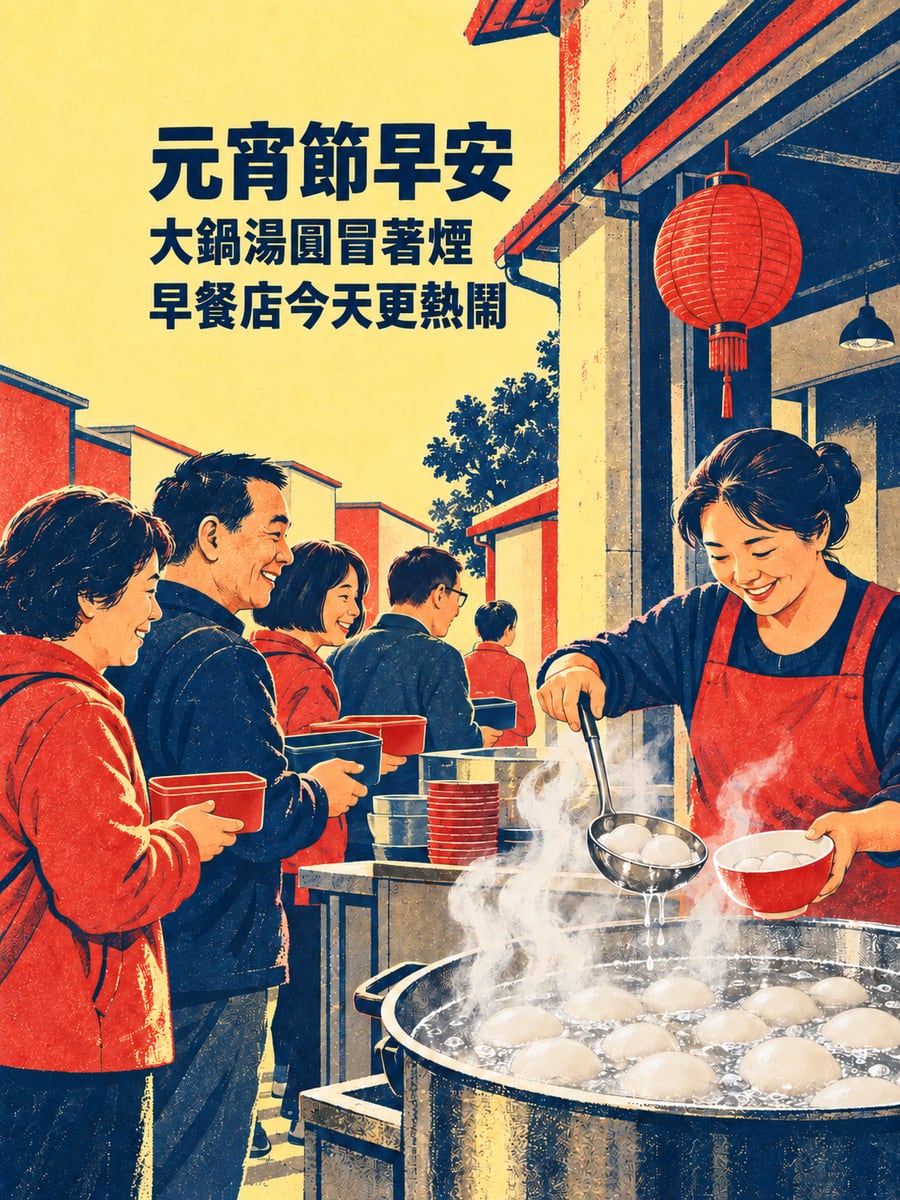 早餐店門口的大鍋湯圓。圖中文字：元宵節早安，大鍋湯圓冒著煙，早餐店今天更熱鬧