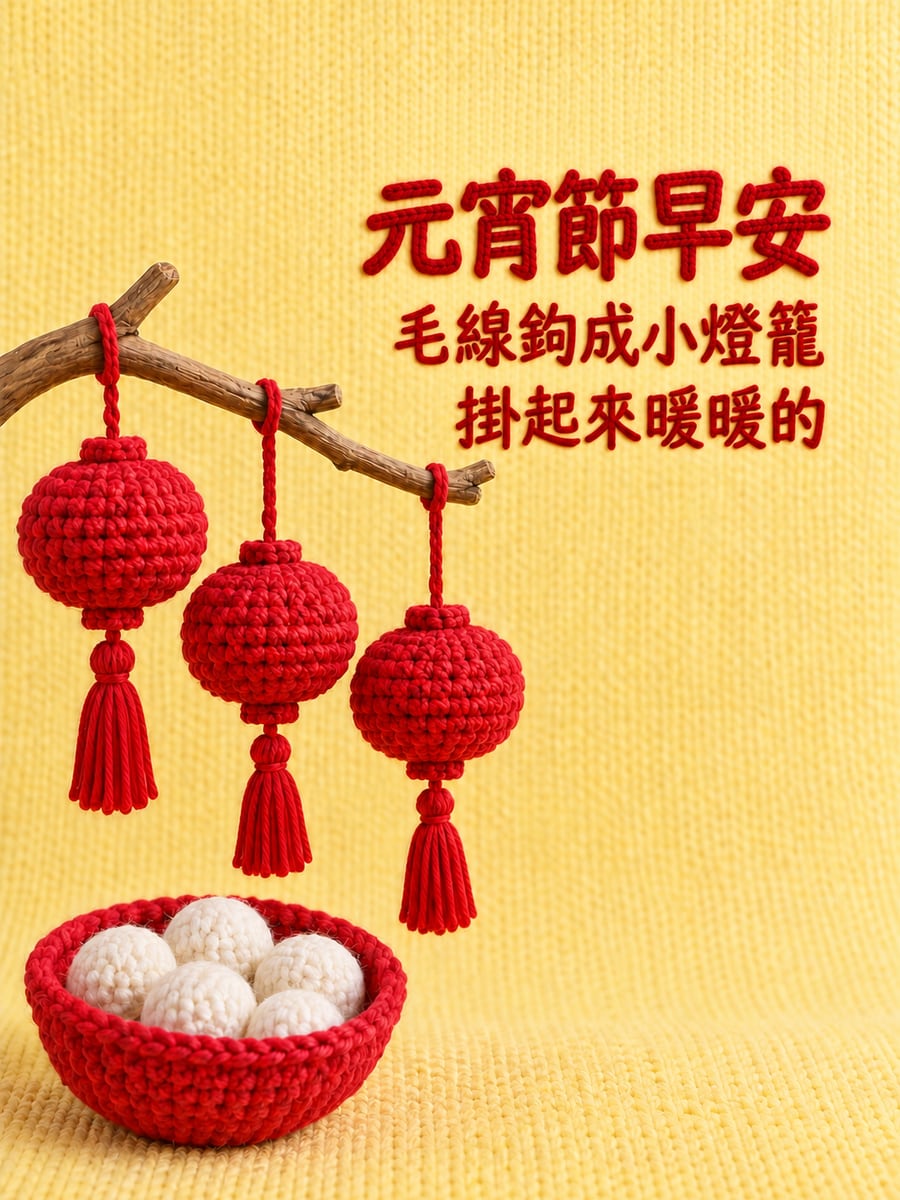 毛線鉤成的小燈籠串。圖中文字：元宵節早安，毛線鉤成小燈籠，掛起來暖暖的