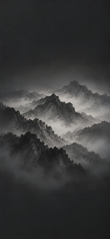 層層炭灰水墨山，手機桌布，圖上沒有文字