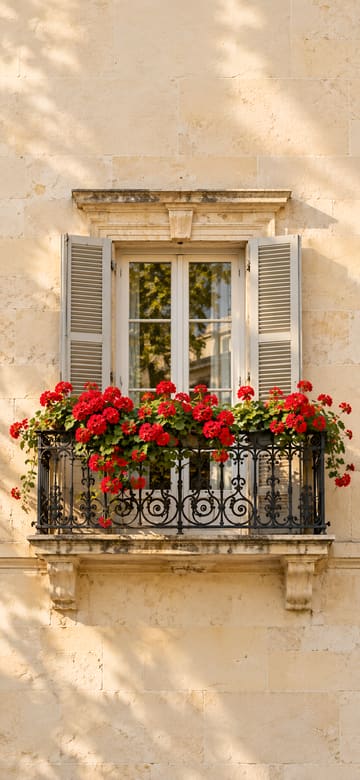 Balcon en fer forgé et géraniums, fond d'écran de téléphone sans texte