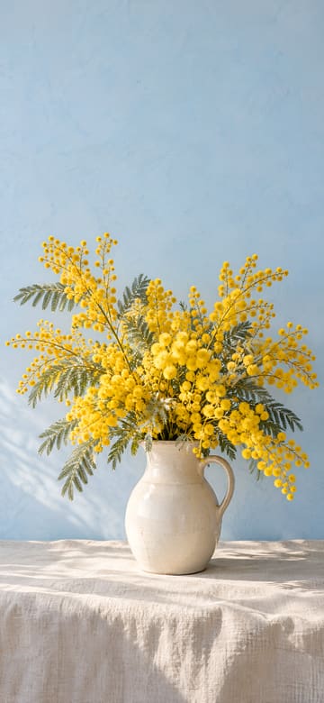 Mimosa dans un pichet en grès, fond d'écran de téléphone sans texte