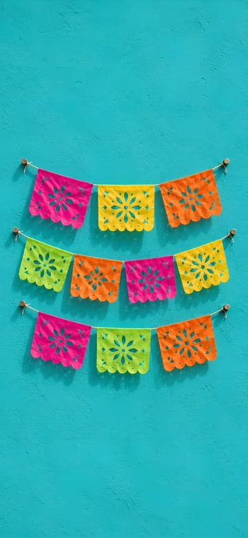 Papel picado sobre muro turquesa, fondo de pantalla para teléfono, sin texto