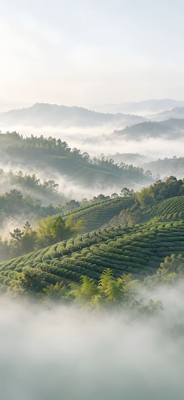 晨霧中的山坡茶園，手機桌布，圖上沒有文字