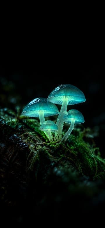 Hongos luminosos en el bosque, fondo de pantalla para teléfono, sin texto