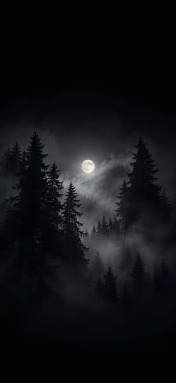 霧中黑森林與月亮，手機桌布，圖上沒有文字