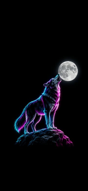 Lobo de neón y luna, fondo de pantalla para teléfono, sin texto