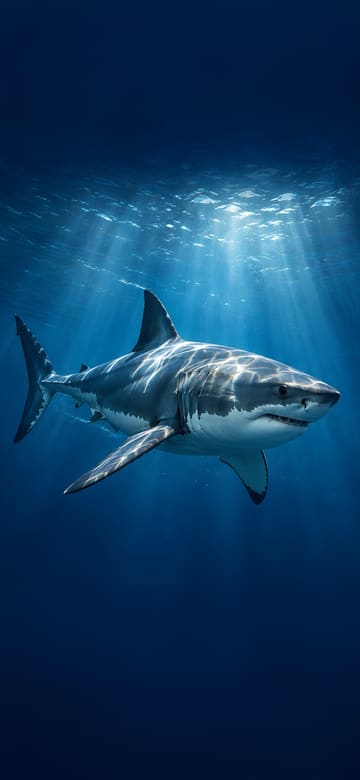Tiburón blanco entre rayos de luz, fondo de pantalla para teléfono, sin texto