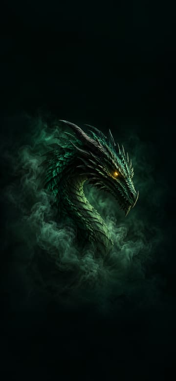 Dragón esmeralda entre humo, fondo de pantalla para teléfono, sin texto