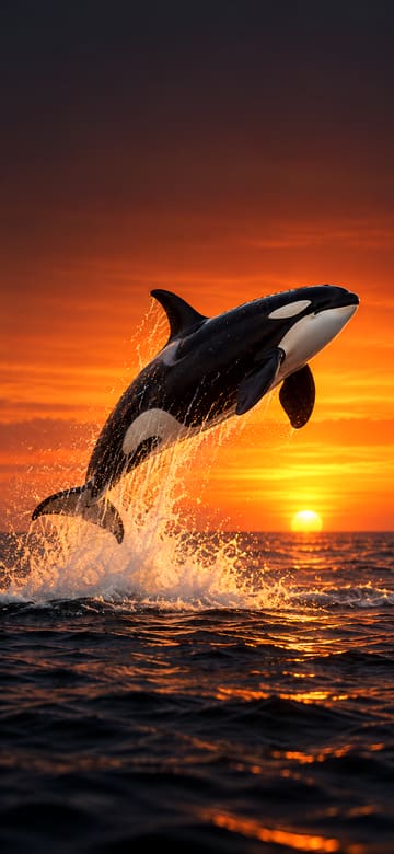 Orca saltando al atardecer, fondo de pantalla para teléfono, sin texto