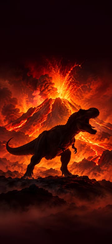 Tiranosaurio frente al volcán, fondo de pantalla para teléfono, sin texto