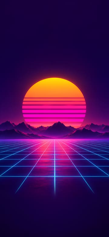 Sol synthwave sobre cuadrícula neón, fondo de pantalla para teléfono, sin texto
