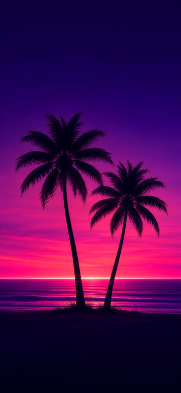 Palmeras en un atardecer neón, fondo de pantalla para teléfono, sin texto
