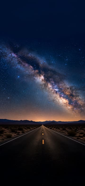 Carretera del desierto bajo estrellas, fondo de pantalla para teléfono, sin texto