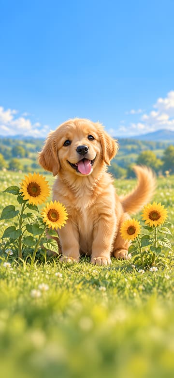 向日葵與黃金獵犬幼犬，手機桌布，圖上沒有文字