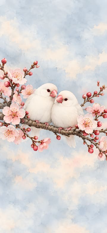 梅花枝上的白文鳥，手機桌布，圖上沒有文字
