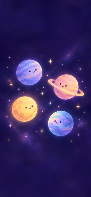 有小臉的可愛行星，手機桌布，圖上沒有文字