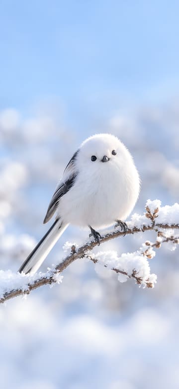雪の枝のシマエナガ（スマホ壁紙、文字なし）