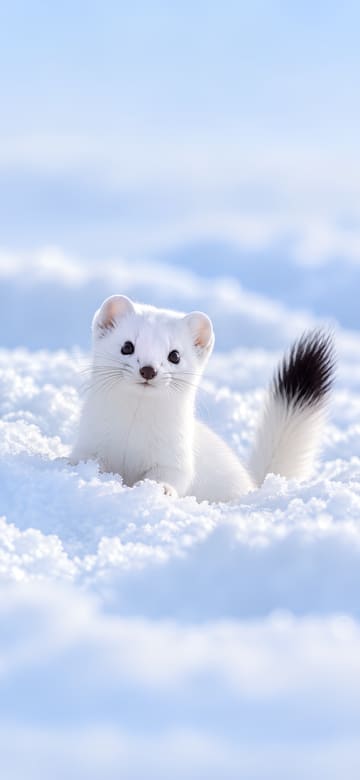 雪から顔を出すオコジョ（スマホ壁紙、文字なし）