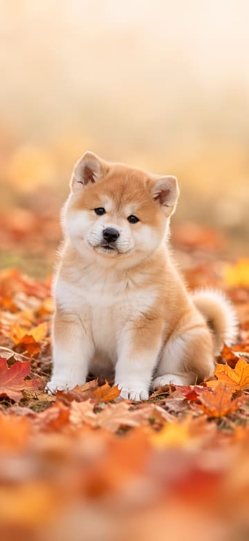 落ち葉と秋田犬の子犬（スマホ壁紙、文字なし）