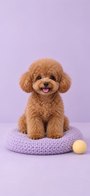 보라색 쿠션 위 애프리콧 토이푸들, 글자 없는 핸드폰 배경화면