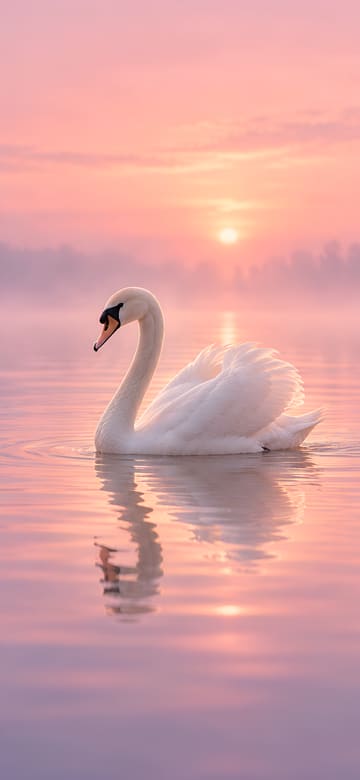 Cygne blanc à l'aube rose, fond d'écran de téléphone sans texte