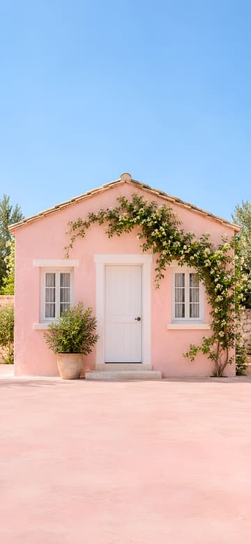 Façade de maison rose, fond d'écran de téléphone sans texte