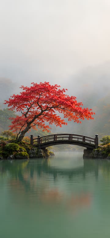 紅葉と木の太鼓橋（スマホ壁紙、文字なし）